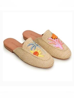 FARM Rio Beige Raffia Embroidered Slip-On Mules with Yellow, Pink & Blue Accents